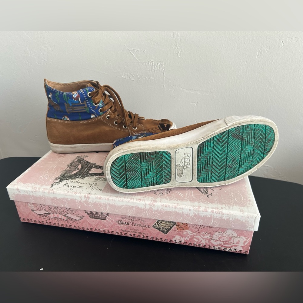 Reba Brown Suede High-Tops with Blue Patterned Collar - Picture 4 of 4